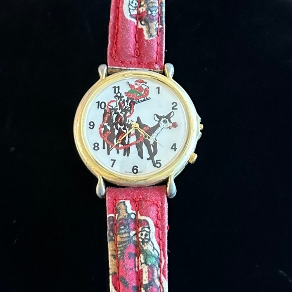 Vintage Christmas Santa Rudolph Reindeer Watch Leather Strap Gold Tone Case